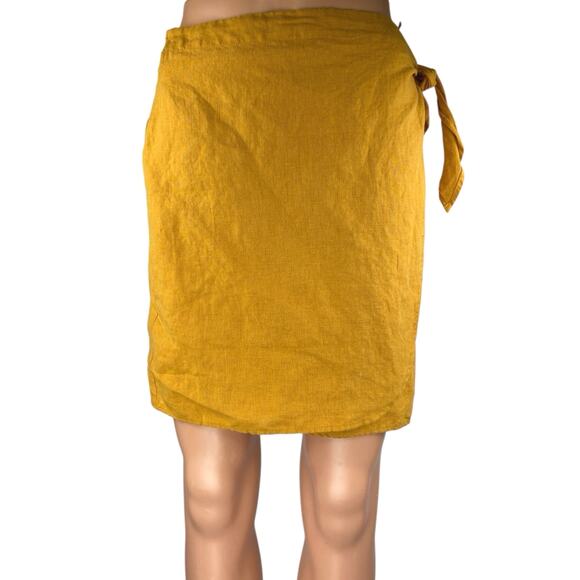 Zara Yellow Linen Tie Waist Lightweight Mini Straight Pencil Wrap Skirt Size L - Picture 1 of 5